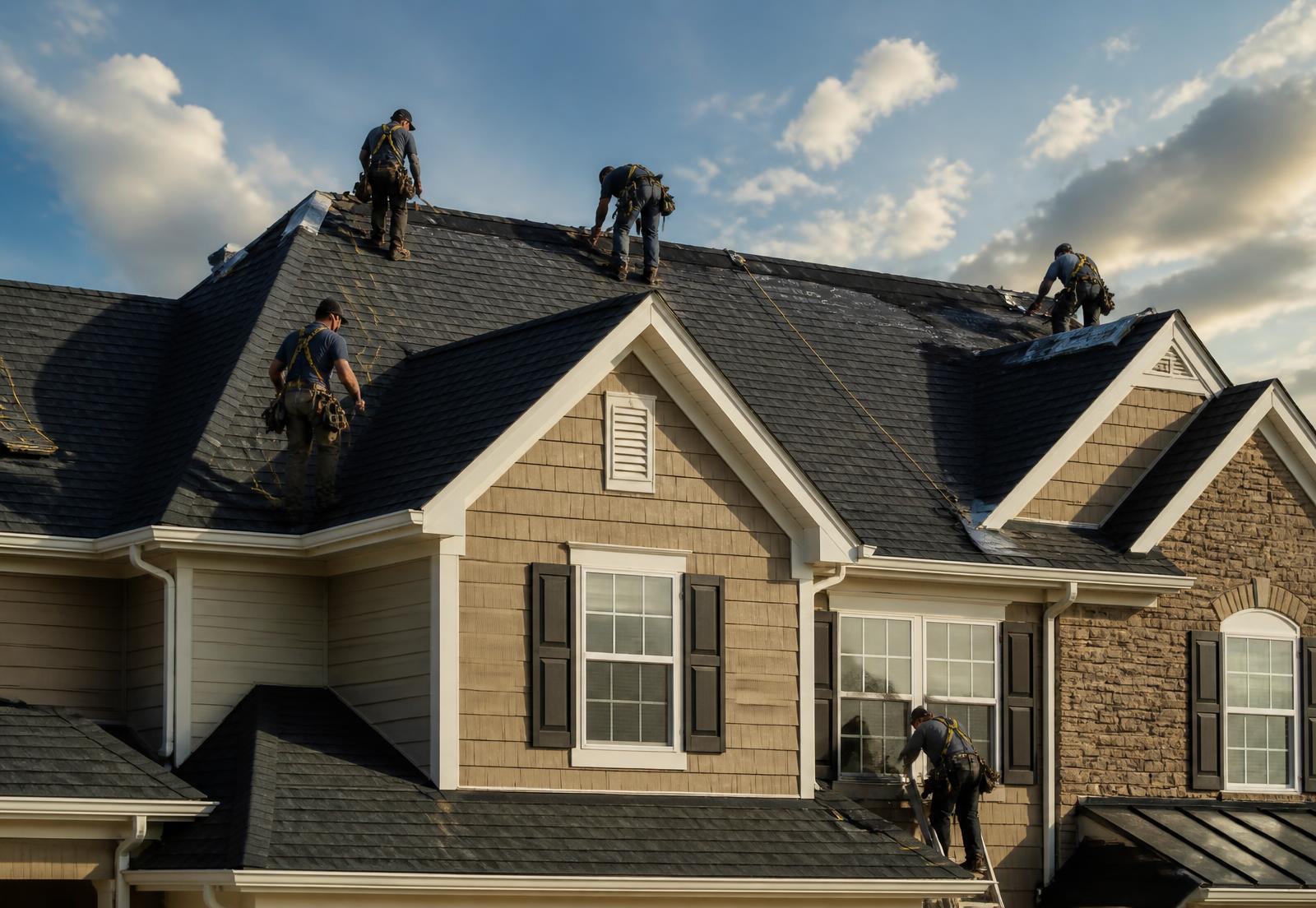 Roofing crew installing architectural shingles on an American suburban home