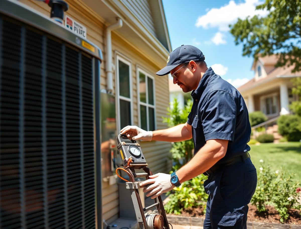 HVAC technician repairing an outdoor air conditioning condenser
