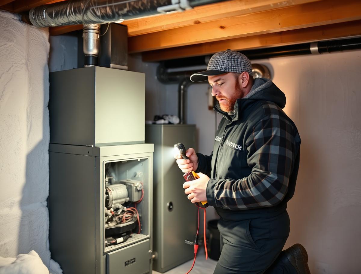 Technician servicing a gas furnace in a home utility room