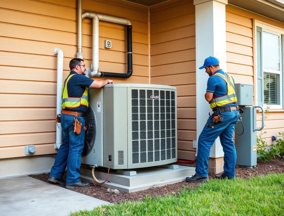 Installers setting a new high-efficiency heat pump at a US home