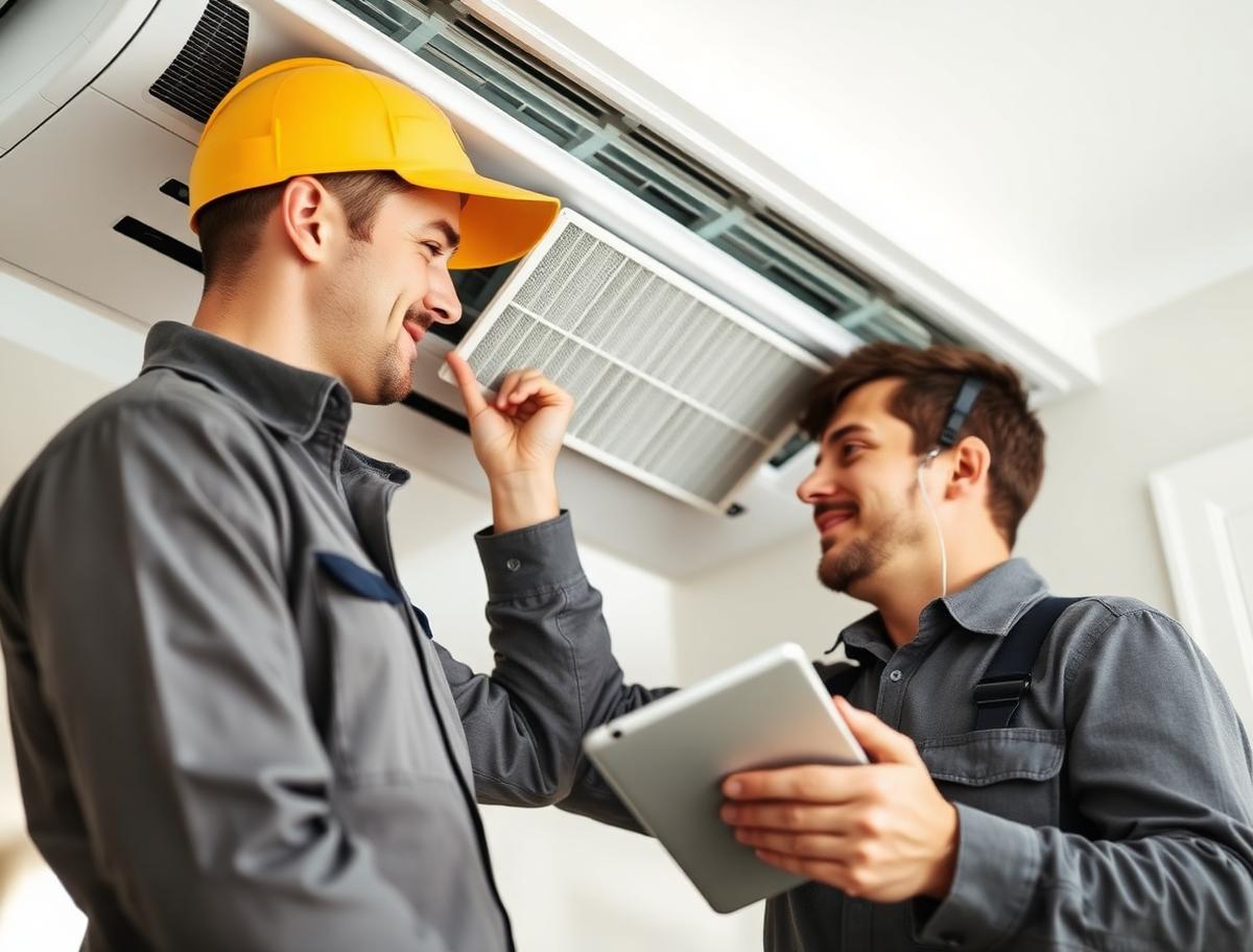Technician replacing a clean air filter during an HVAC tune-up