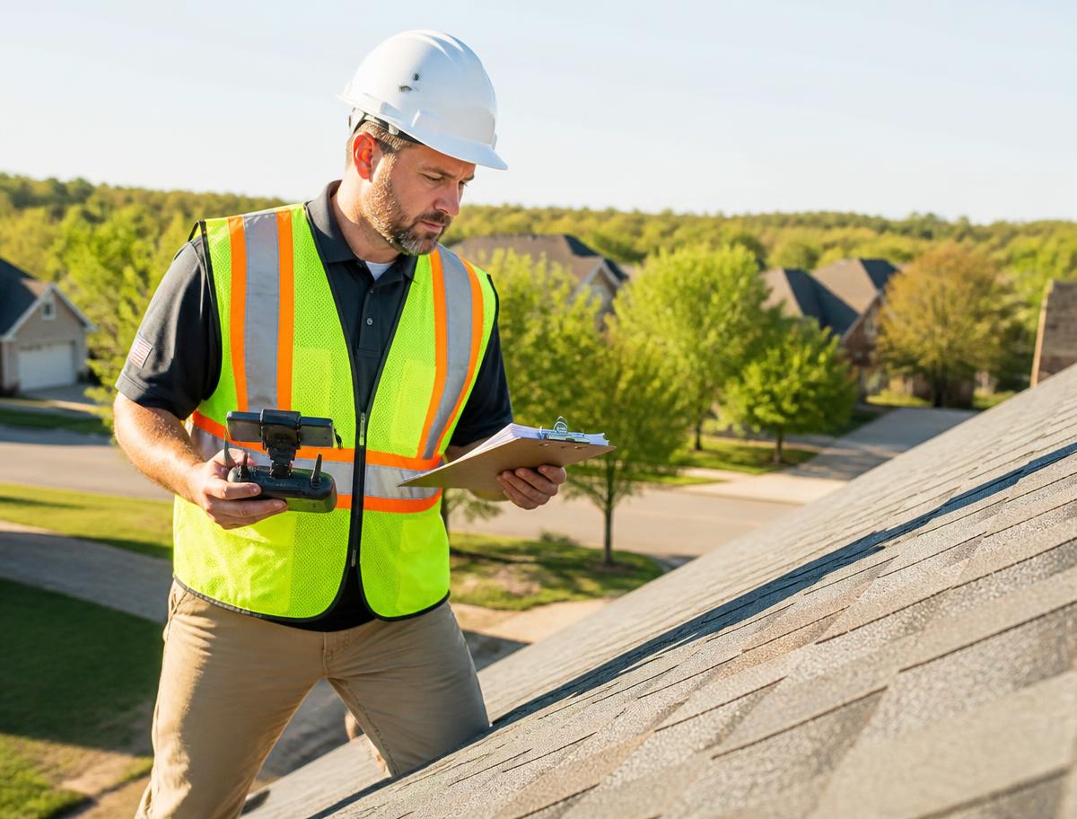 Roof inspector reviewing shingles with a photo report