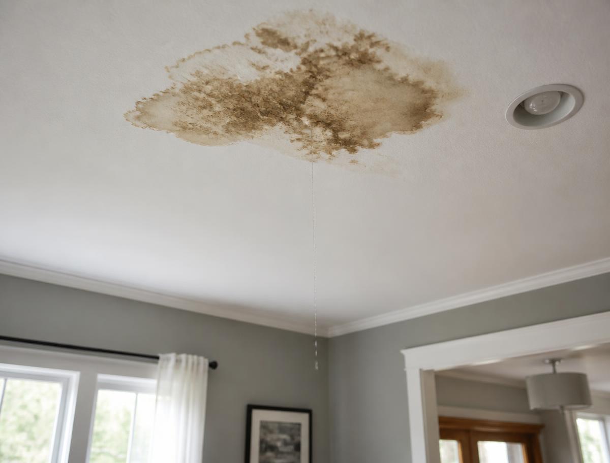 Water stain on an interior ceiling caused by a roof leak